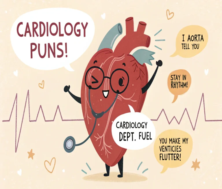 Funny cardiology puns collection featuring cartoon anatomical heart with stethoscope and comic speech bubbles on medical themed background