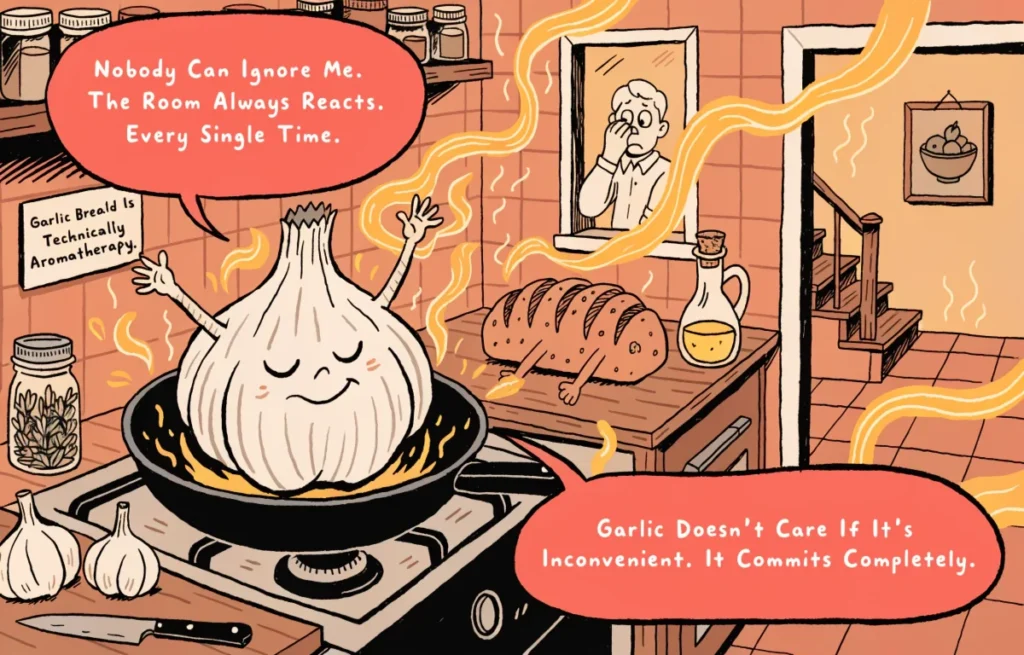 Funny cartoon garlic character cooking in kitchen with dramatic smell waves and bold garlic pun speech bubbles showing confident kitchen humor