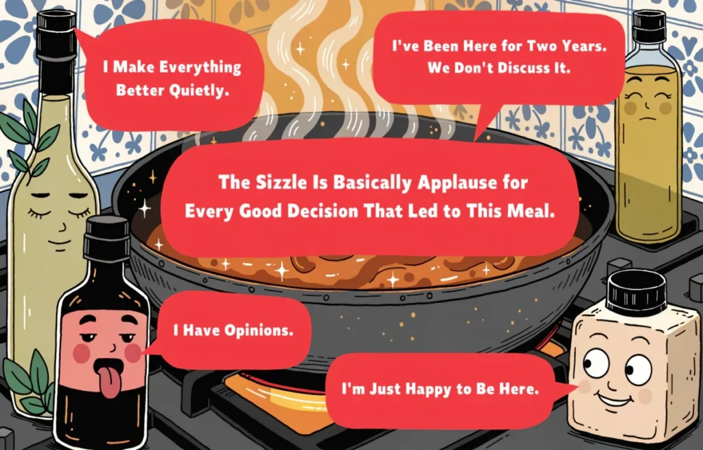 Funny cooking scene with oil sizzling in frying pan and various cooking oil bottles with personality and funny cooking oil pun captions