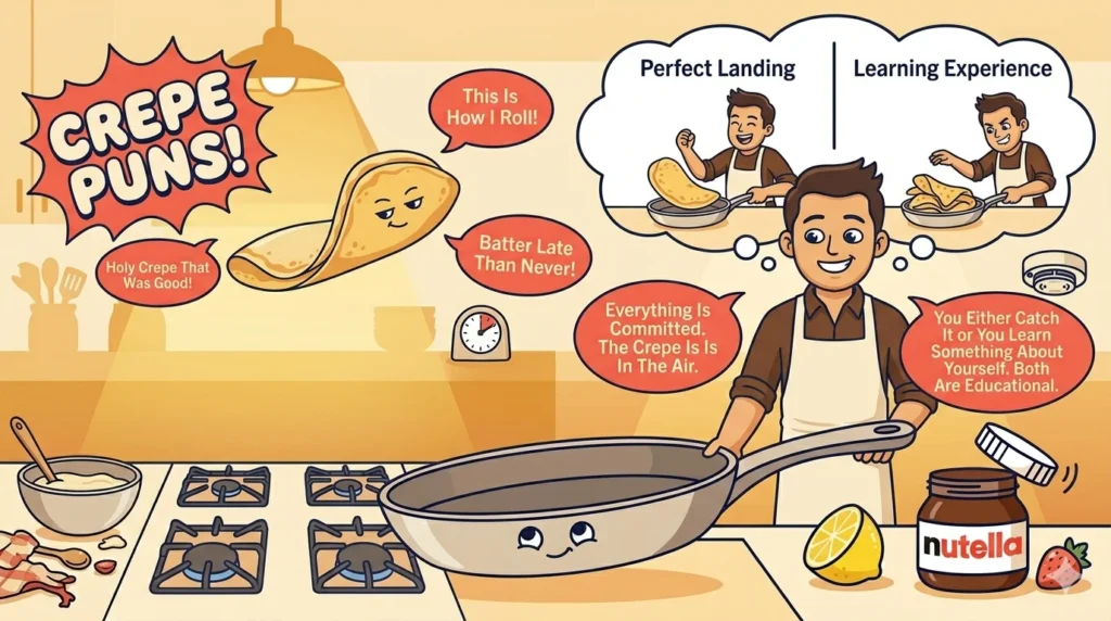 Funny crepe flip anxiety cartoon showing home cook frozen mid-flip watching crepe in air with everything on the line and speech bubbles about the momentv