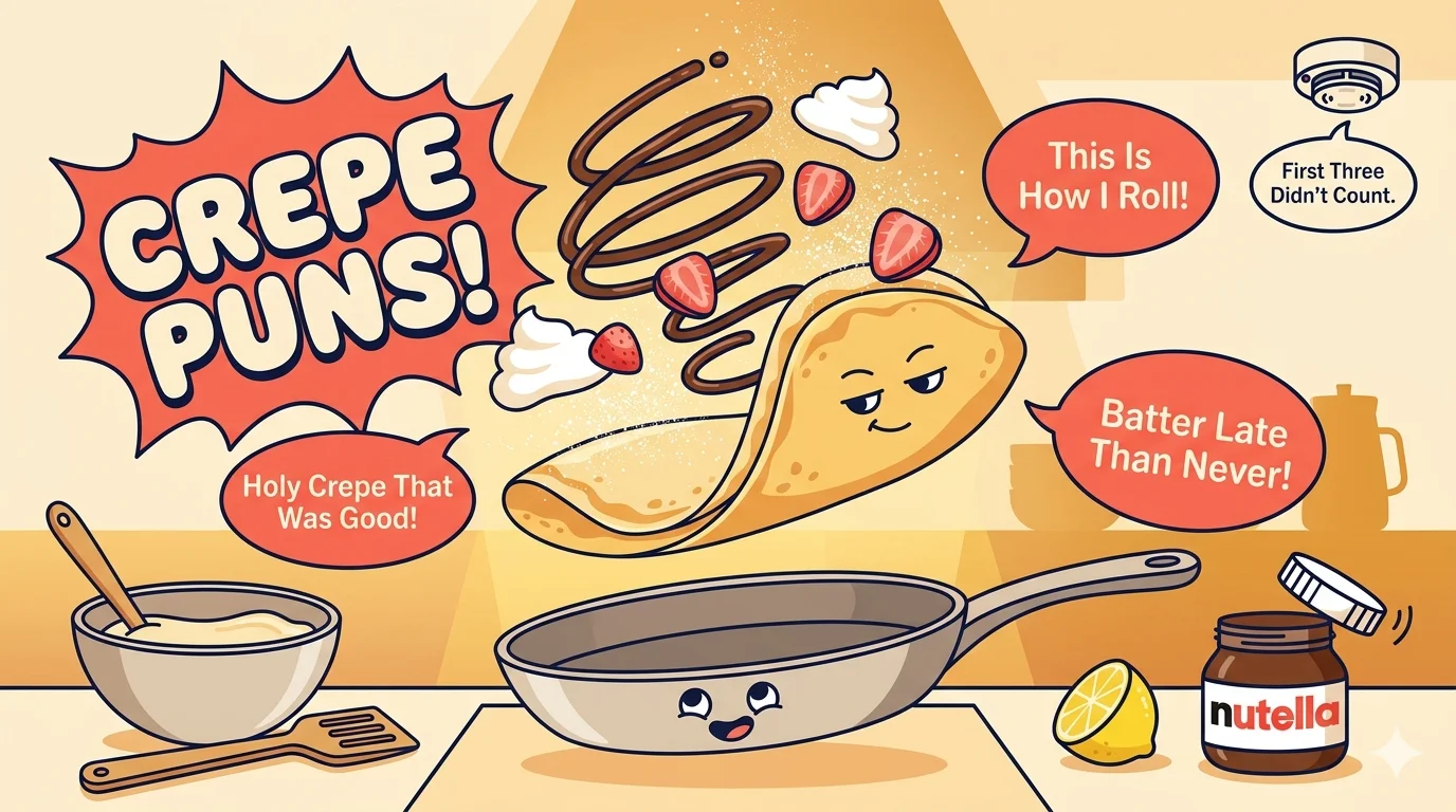 Funny crepe puns collection featuring cartoon crepe being flipped with Nutella strawberries and comic speech bubbles on warm kitchen background