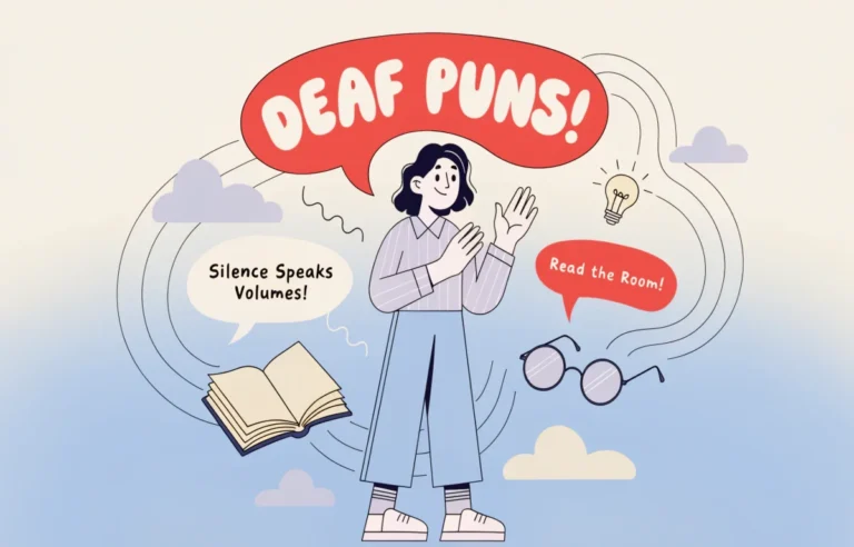 Funny deaf puns collection featuring cartoon character signing hello with comic speech bubbles and bold pun text on quiet calm background