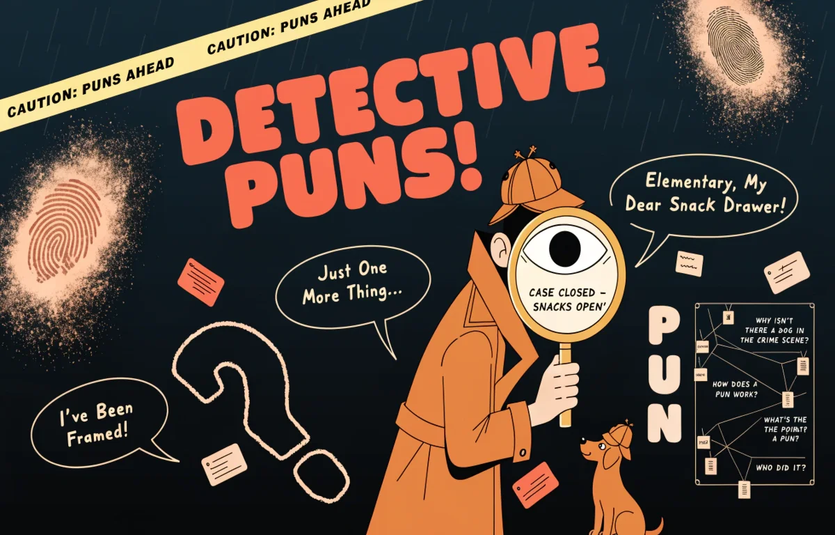 Funny detective puns collection featuring cartoon detective with magnifying glass trench coat clues and comic speech bubbles on mystery background