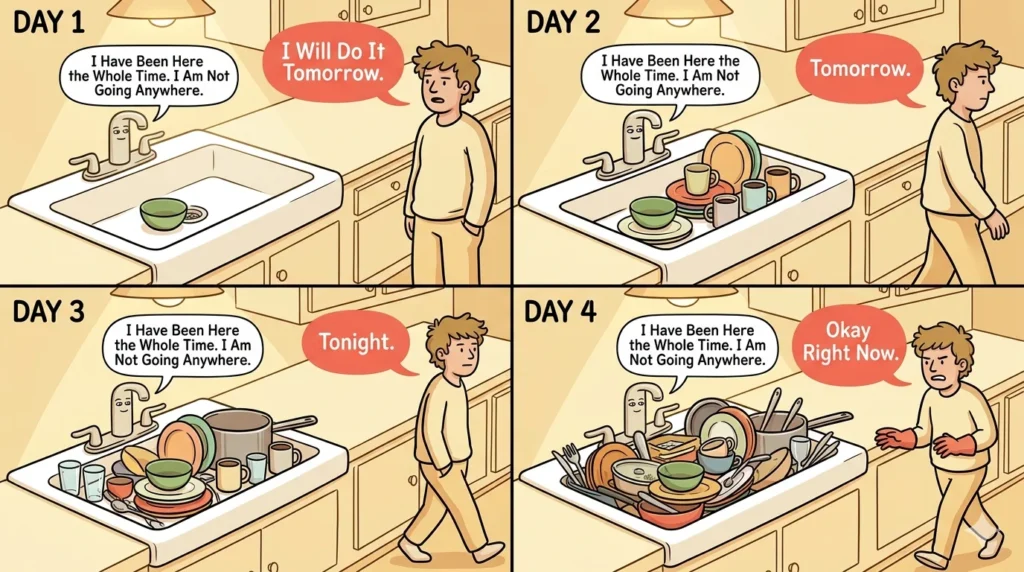 Funny dirty sink cartoon showing dishes piling up over days with timeline calendar and relatable sink neglect humor speech bubbles
