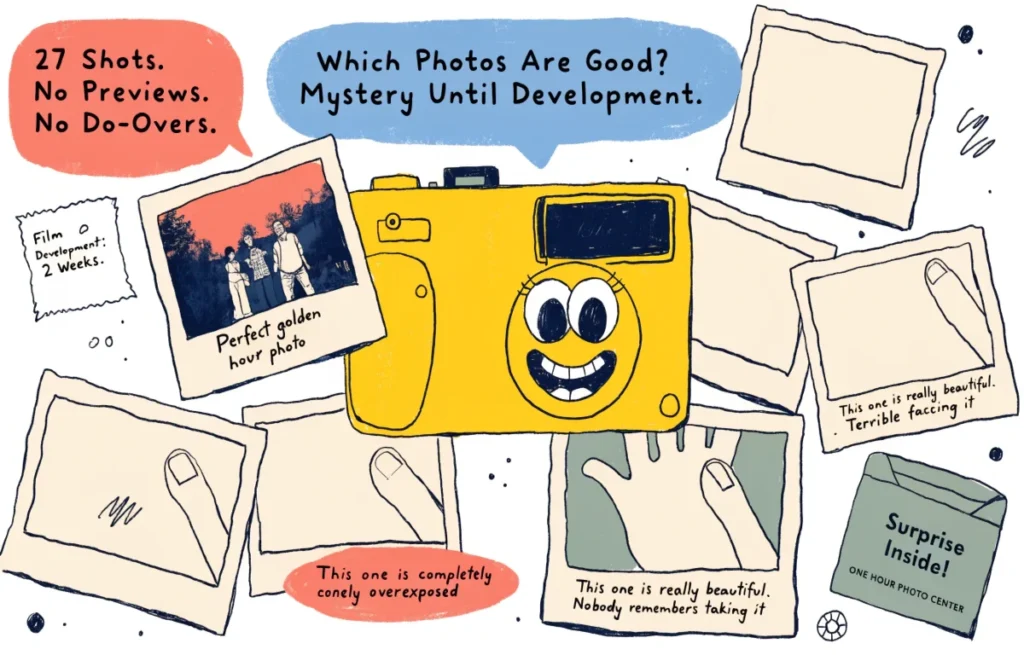 Funny disposable camera illustration showing developed photos with accidental thumb shots blurry images and hilarious disposable camera pun captions