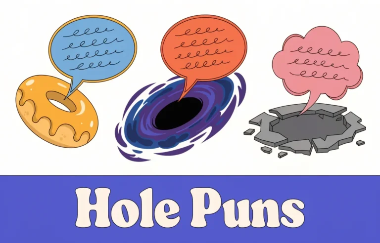 Funny hole puns collection featuring donut hole black hole and pothole with colorful joke speech bubbles