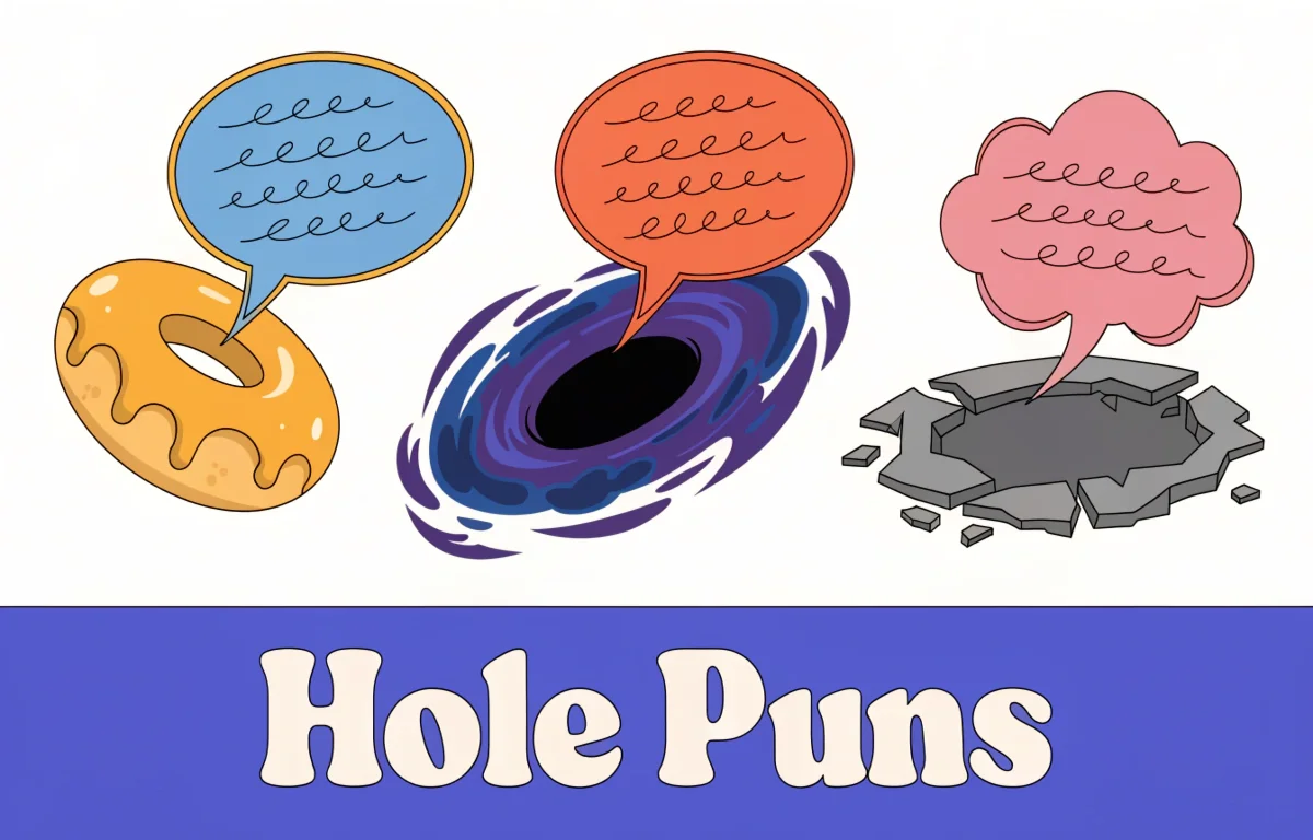 Funny hole puns collection featuring donut hole black hole and pothole with colorful joke speech bubbles