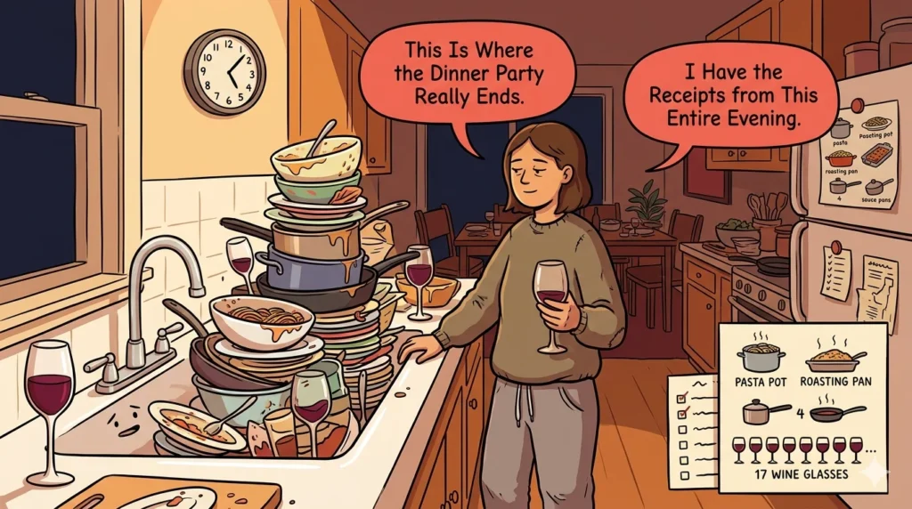 Funny kitchen sink after dinner party showing pile of dishes at midnight with wine glasses and funny kitchen sink pun speech bubbles