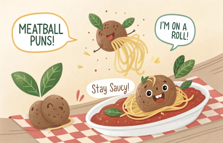 Funny meatball puns collection featuring cartoon meatball rolling through marinara sauce with comic speech bubbles and bold pun text on warm kitchen background
