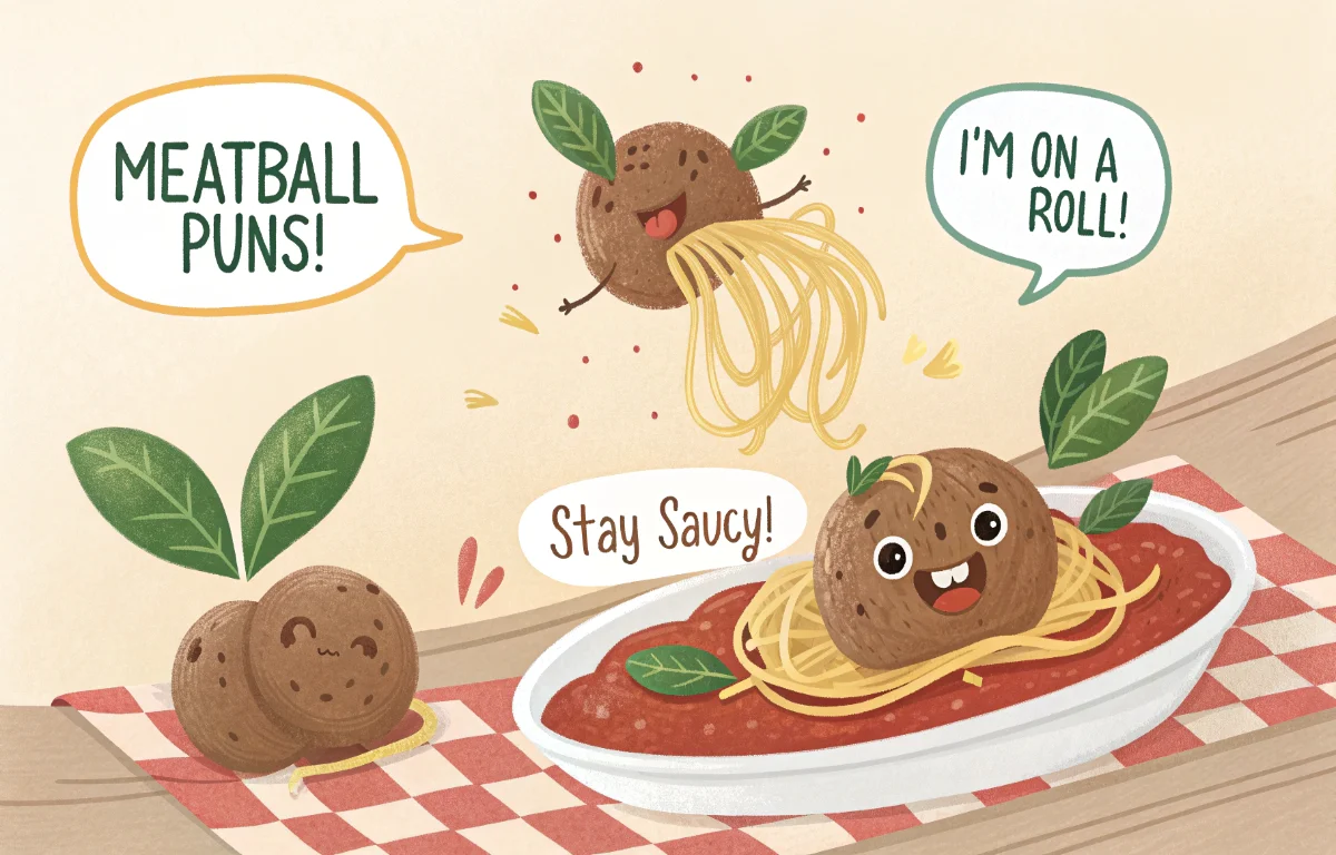 Funny meatball puns collection featuring cartoon meatball rolling through marinara sauce with comic speech bubbles and bold pun text on warm kitchen background