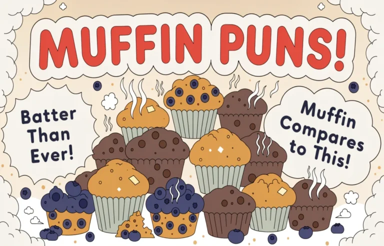 Funny muffin puns collection featuring fresh baked muffins with comic speech bubbles and bold pun text overlays on warm bakery background
