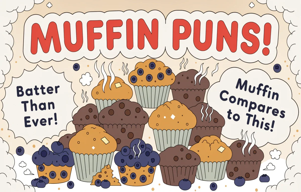 Funny muffin puns collection featuring fresh baked muffins with comic speech bubbles and bold pun text overlays on warm bakery background