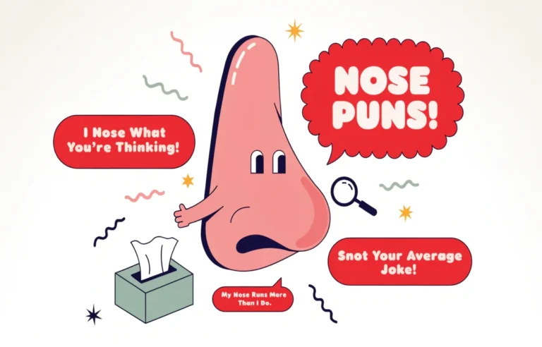 Funny nose puns collection featuring cartoon nose character with comic speech bubbles bold pun text and sniffing humor on bright background