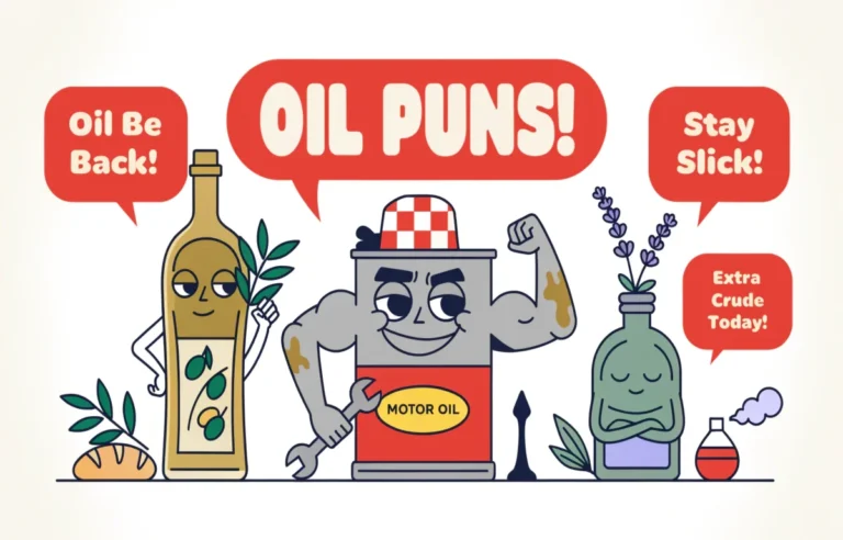 Funny oil puns collection featuring olive oil bottle motor oil can and essential oil diffuser with comic speech bubbles and bold pun text