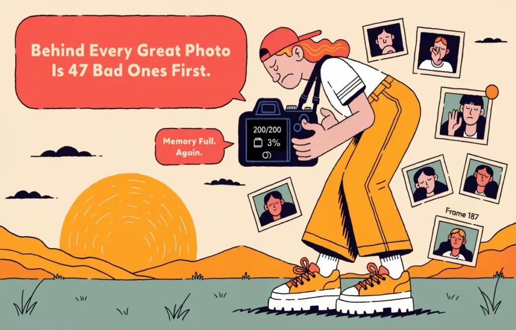 Funny photographer taking 200 photos for one good shot with camera pun speech bubbles and chaotic photography scene caption overlay