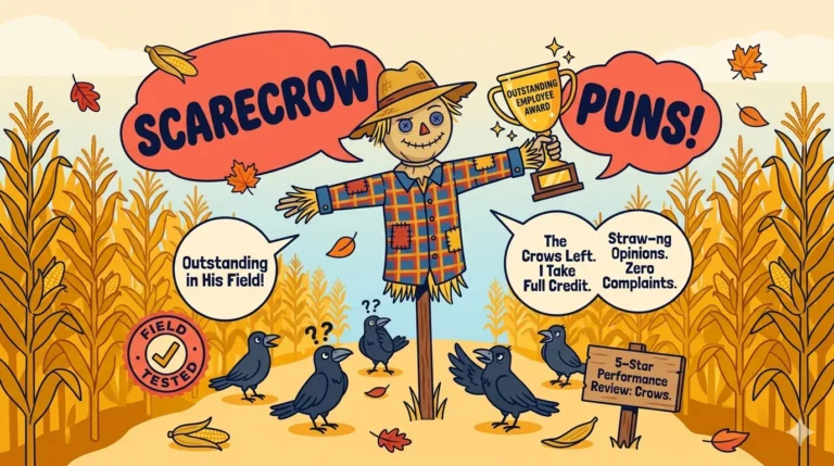 Funny scarecrow puns collection featuring confident cartoon scarecrow standing in cornfield with award trophy crows and comic speech bubbles