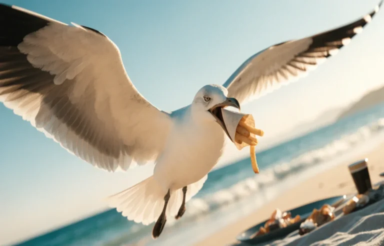 Funny seagull stealing french fries at the beach with a bold, mischievous expression