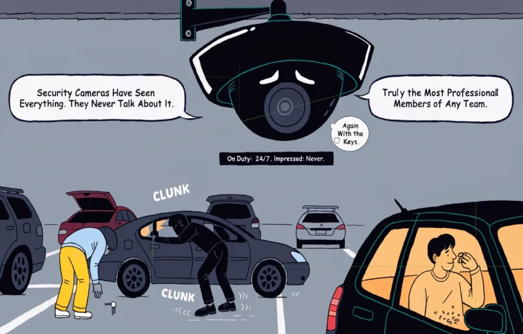 Funny security camera cartoon watching a parking lot with dry humor speech bubbles and observational security camera pun captions overhead