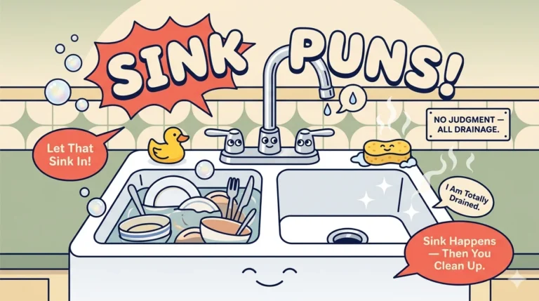 Funny sink puns collection featuring cartoon kitchen sink with overflowing dishes dripping faucet and comic speech bubbles on household background