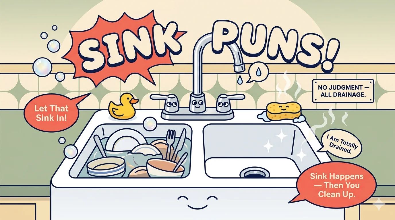 Funny sink puns collection featuring cartoon kitchen sink with overflowing dishes dripping faucet and comic speech bubbles on household background