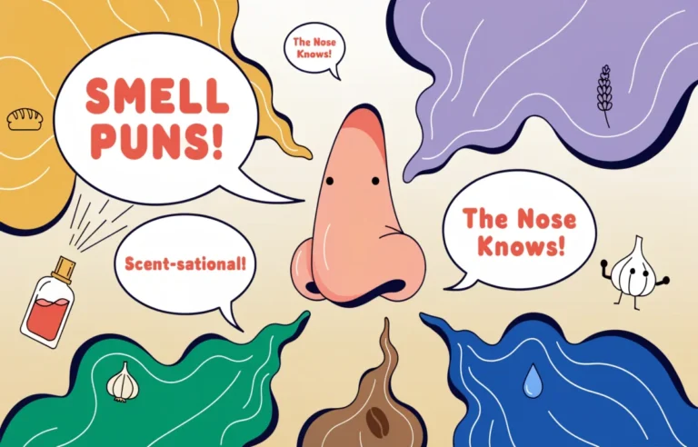 Funny smell puns collection featuring cartoon nose character surrounded by scent clouds perfume bottles and garlic with bold comic speech bubbles