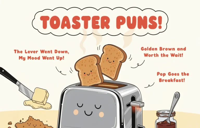 Funny toaster puns collection featuring cartoon toaster popping golden toast with comic speech bubbles on bright kitchen background