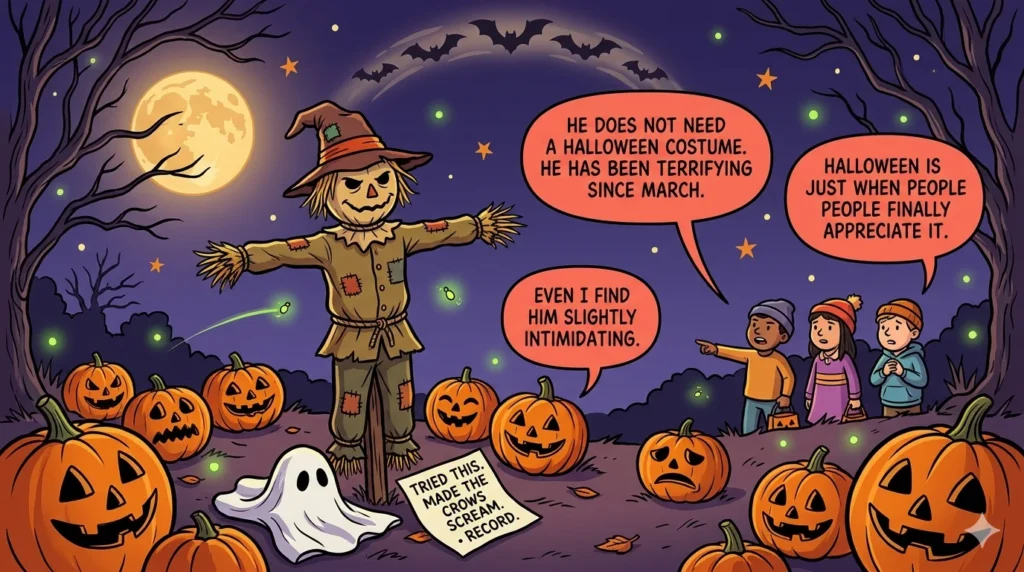 Halloween scarecrow in pumpkin patch at night with Jack-o-lanterns bats and funny Halloween scarecrow pun speech bubbles in spooky autumn scene