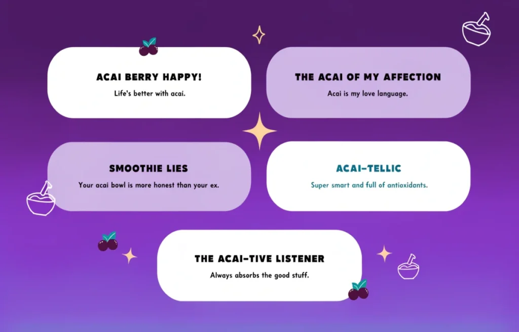 Illustrated infographic of classic acai puns like Acai what you did there displayed in fun typography on purple background