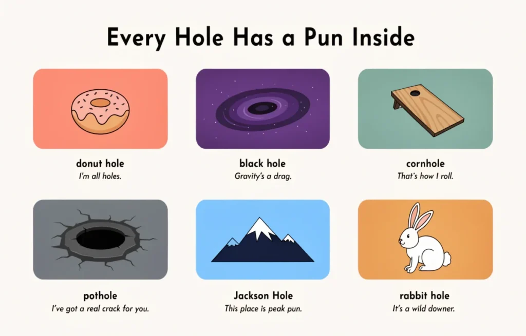 Infographic showing different types of hole puns including donut hole black hole cornhole and pothole categories