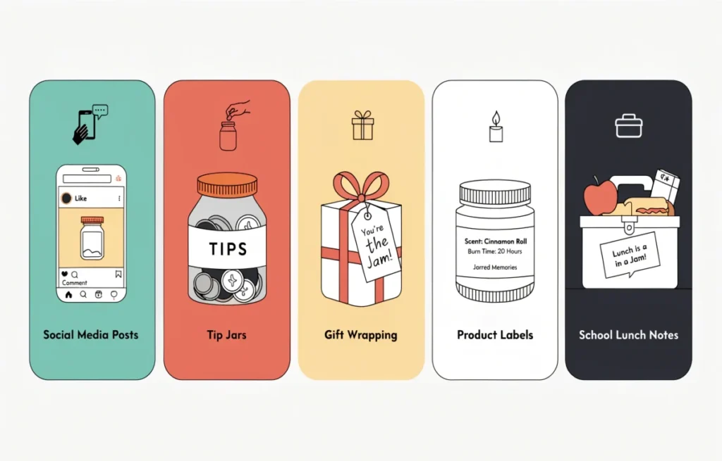 Infographic showing five creative ways to use jar puns for Instagram captions, gifts, and tip jars