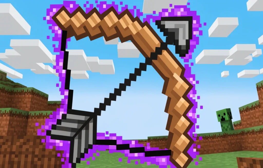 Minecraft-style pixelated bow and arrow with enchantment glow effect, illustrating Minecraft bow puns