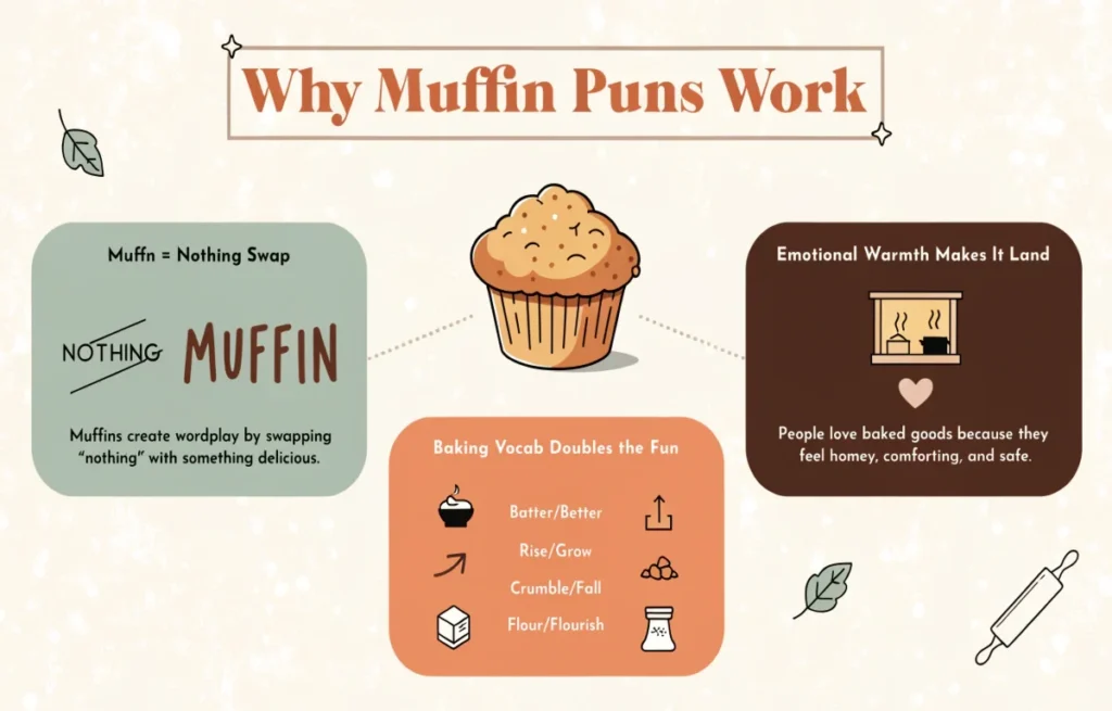 Muffin puns mechanics infographic showing phonetic swap from nothing to muffin, baking vocabulary doubles and emotional warmth explained visually
