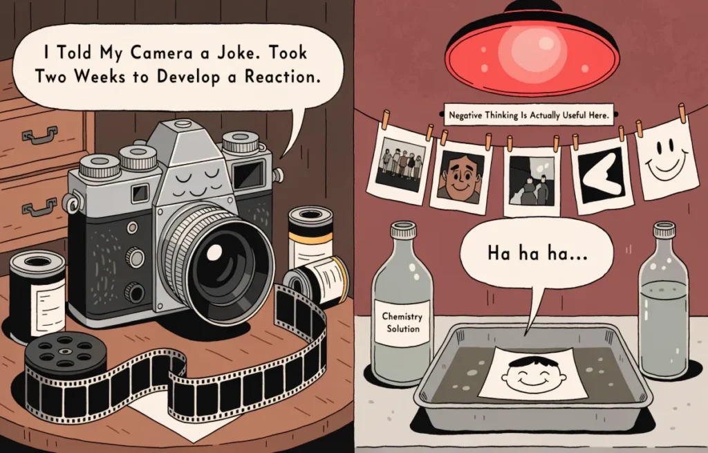 Nostalgic film camera illustration with darkroom development scene and funny film camera pun speech bubbles on warm vintage background