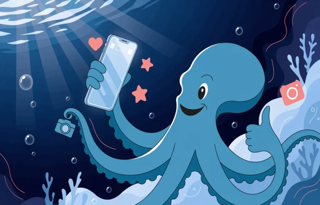 Octopus holding a smartphone taking a selfie underwater for an Instagram caption about tentacle puns