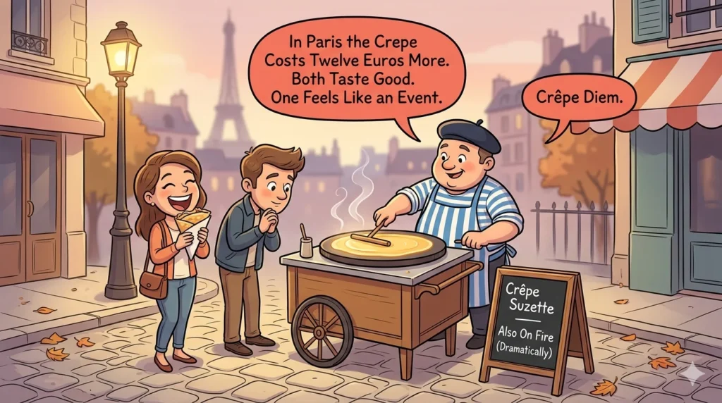 Parisian crepe stand scene with cartoon vendor making crepes on cobblestone street with funny French crepe pun speech bubbles and Eiffel Tower background