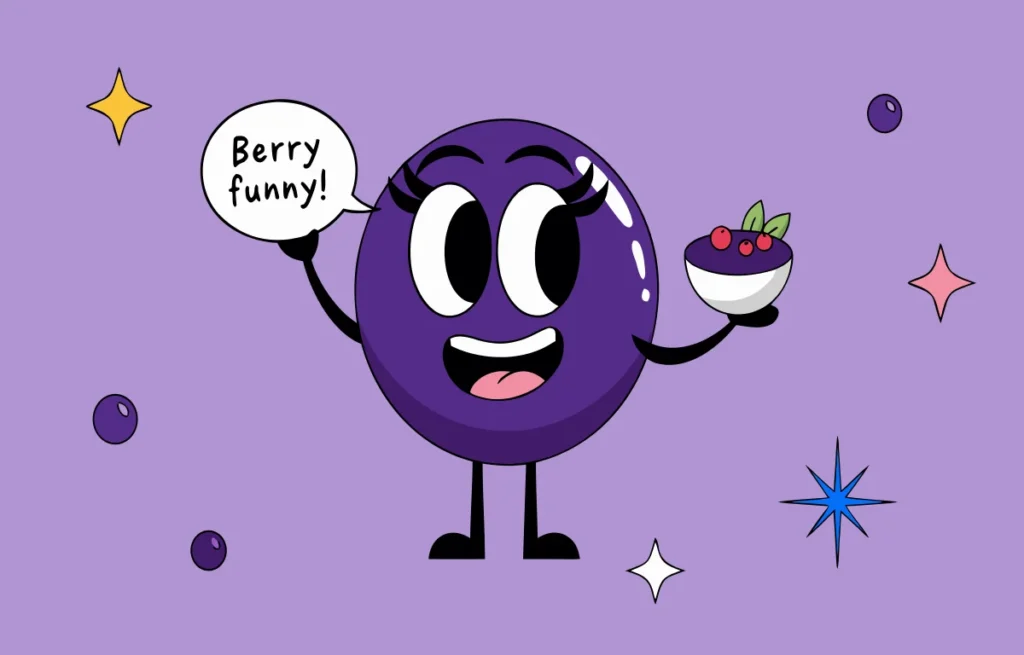 Playful cartoon acai berry character laughing and holding a smoothie bowl, representing funny acai puns and jokes