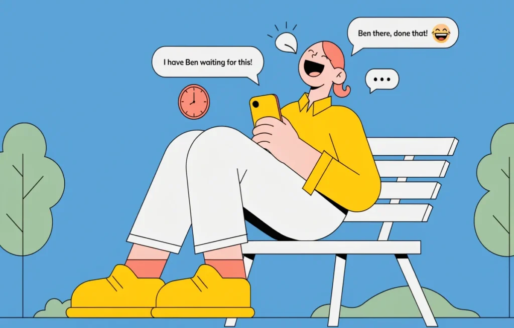 Playful illustration of person laughing at Ben name puns with speech bubbles showing been wordplay jokes