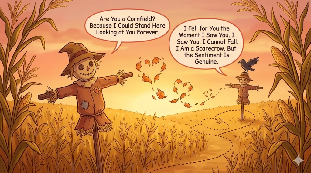 Romantic scarecrow in autumn field looking at sunset with heart-shaped straw and sweet scarecrow love pun speech bubbles in warm harvest scene