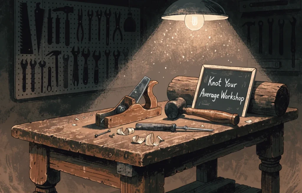 Rustic wooden workshop bench with woodworking tools and humorous pun signage representing adult wood puns