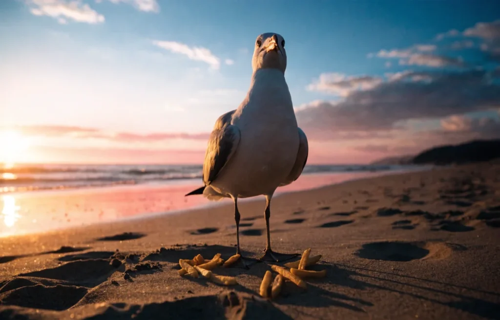 Seagull standing proudly on a beach at sunset surrounded by scattered french fries looking victorious