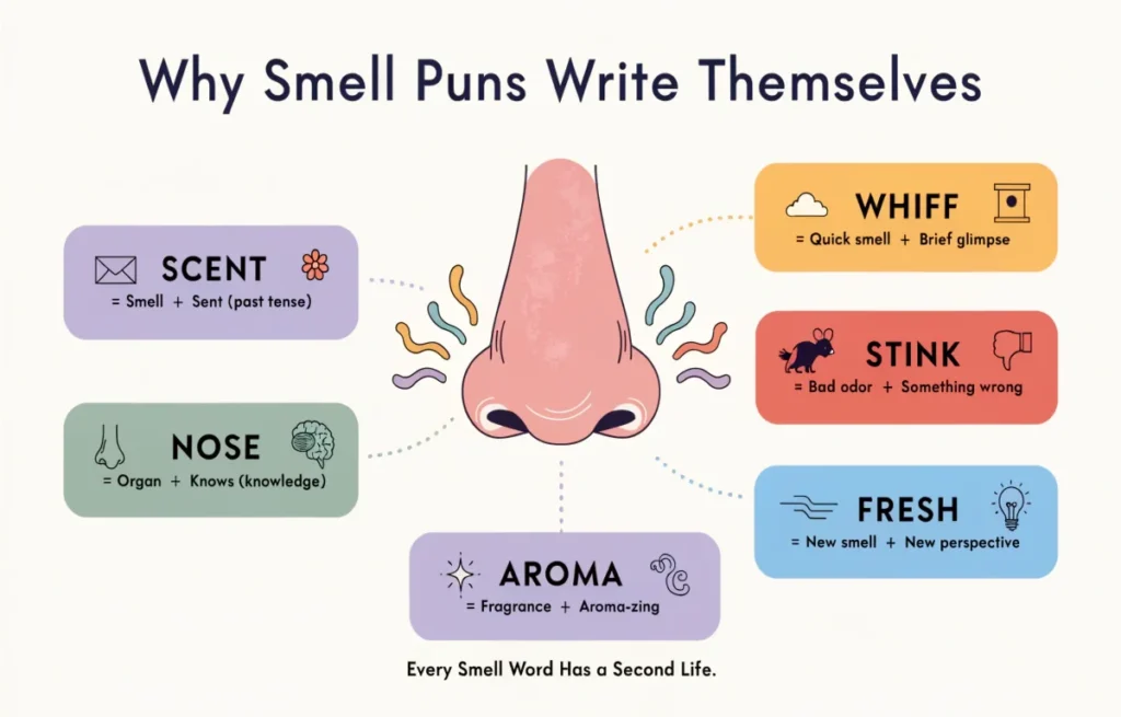 Smell puns mechanics infographic showing scent sent double meaning with illustrated smell vocabulary words and funny double meaning examples