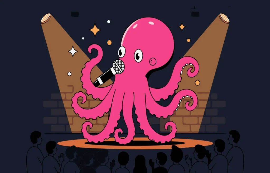 Smiling cartoon octopus holding a microphone on stage delivering tentacle puns to a laughing crowd
