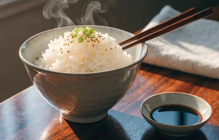 Steaming bowl of white rice with chopsticks and soy sauce on a wooden table — perfect visual for rice puns article
