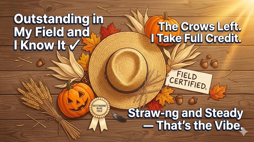 Stylish autumn harvest flat-lay with scarecrow hat straw corn and funny scarecrow pun Instagram caption overlays for fall social media posts