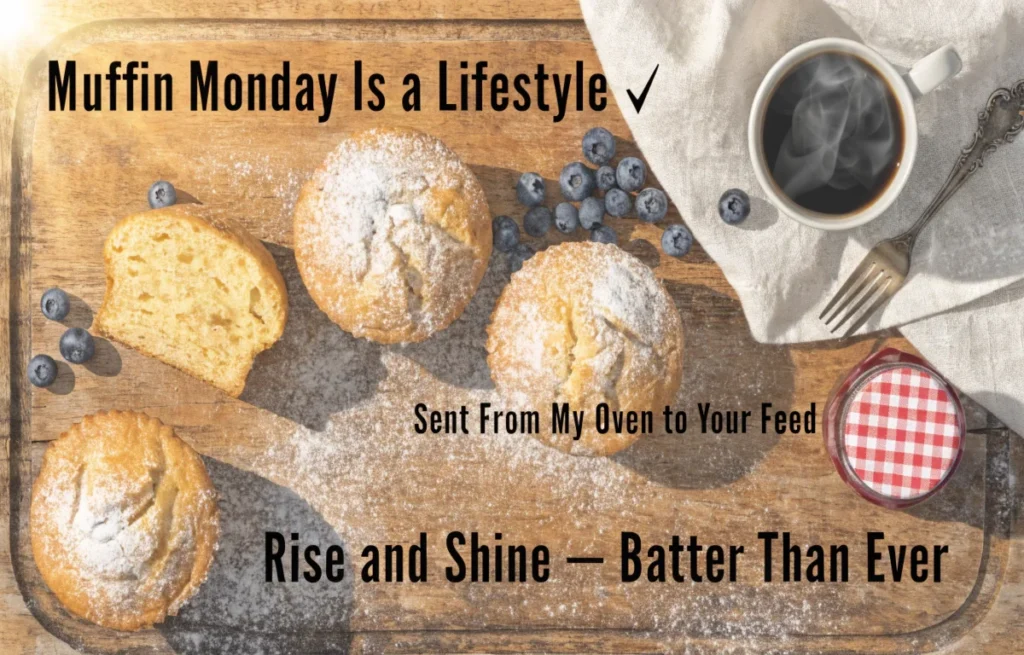 Stylish bakery flat-lay of fresh muffins with blueberries and funny muffin pun Instagram caption overlays for social media content creators