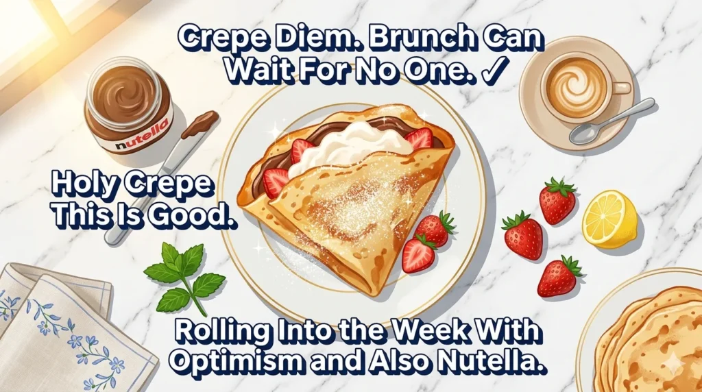 Stylish brunch crepe flat-lay with Nutella strawberries whipped cream and funny crepe pun Instagram caption overlays for food social media content