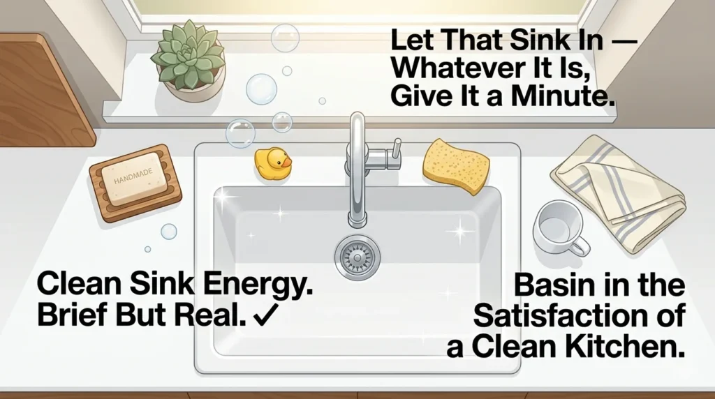 Stylish clean kitchen sink flat-lay with soap bubbles rubber duck sponge and funny sink pun Instagram caption overlays for home content posts