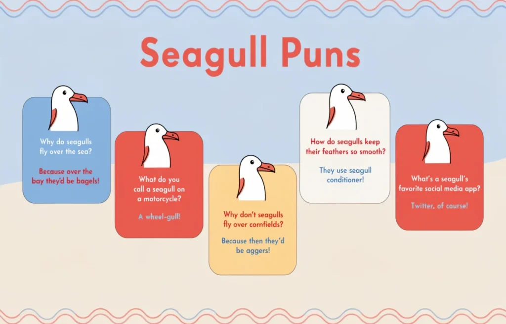 Top 5 best seagull puns displayed on a colorful beach-themed graphic with wave and bird icons