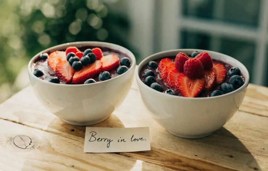 Two acai smoothie bowls side by side with heart-shaped berry toppings, symbolizing romantic acai puns for couples