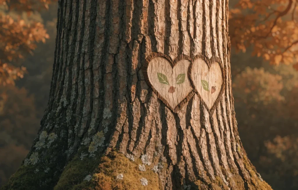 Two carved wooden hearts on a tree trunk representing love wood puns and romantic timber wordpla